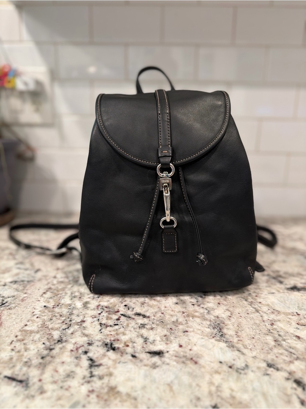 Coach y2k Black Leather Drawstring Backpack with Silver Hardware
